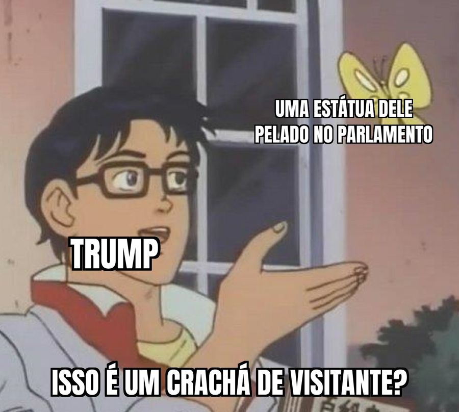 Na Europa, Trump aparece pelado, dourado e sentado nas costas de um homem, dentro do Parlamento Europeu.