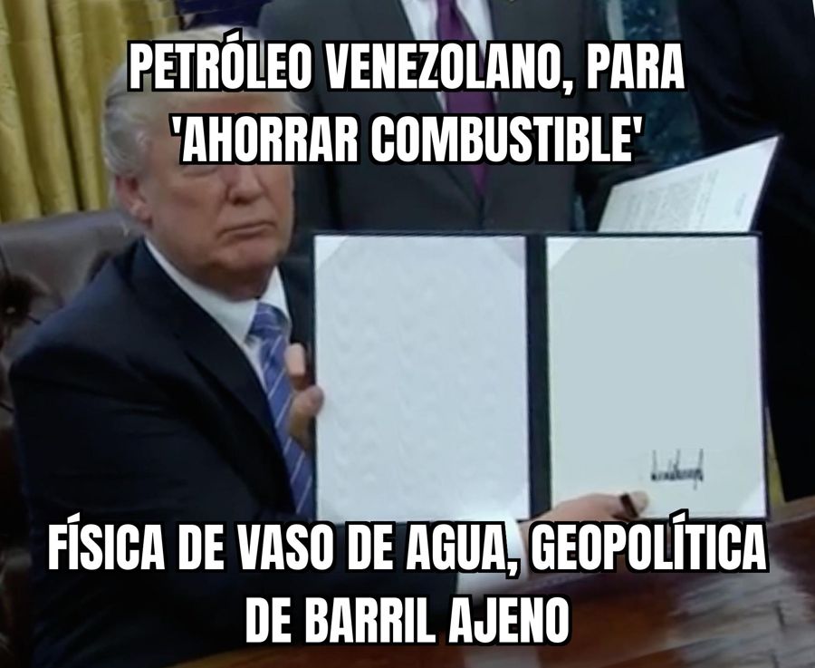 Trump tiró un vaso de agua para explicar el ahorro de combustible y volvió a señalar el petróleo venezolano…